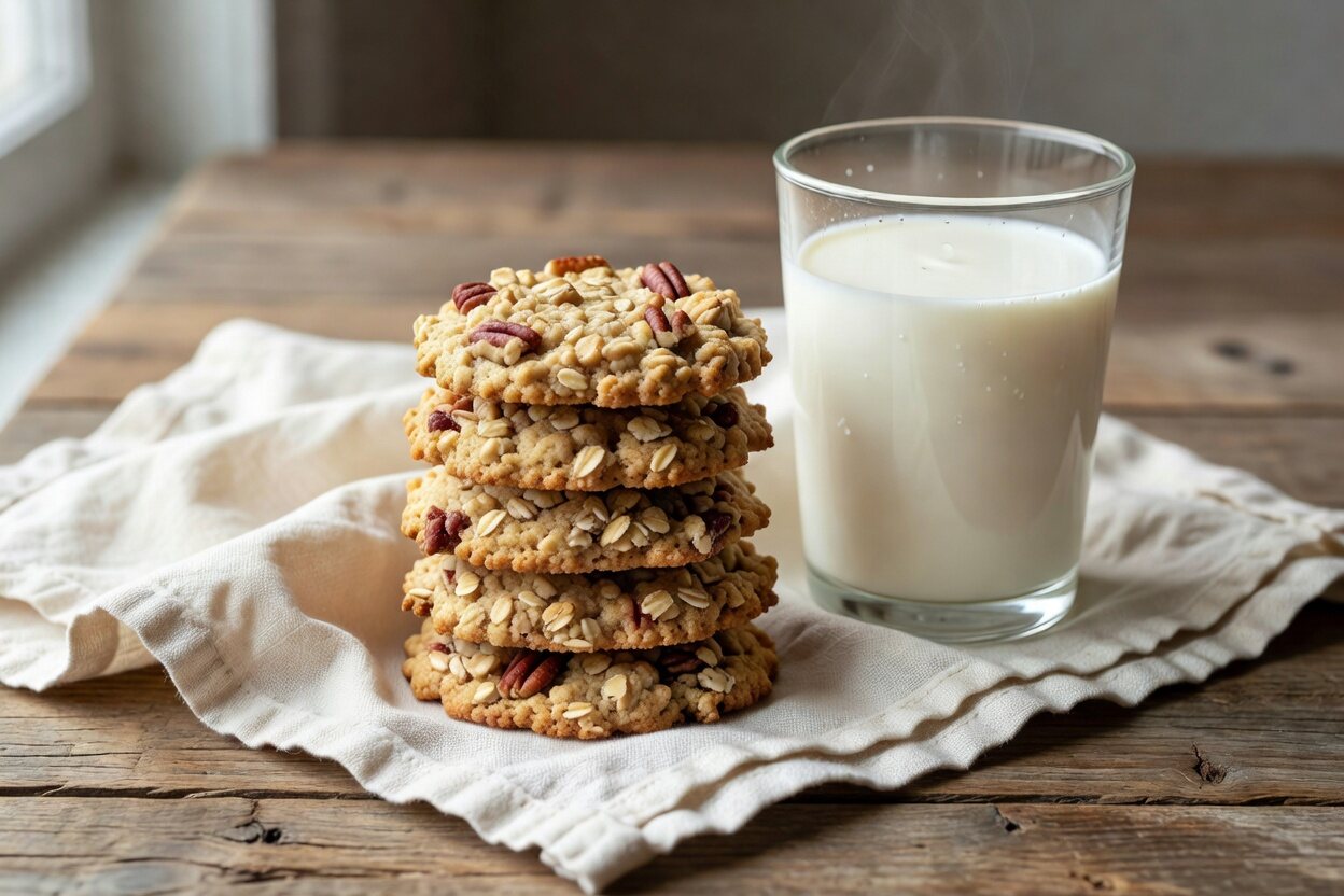 Oatmeal pecan cookies with a glass of cold milk