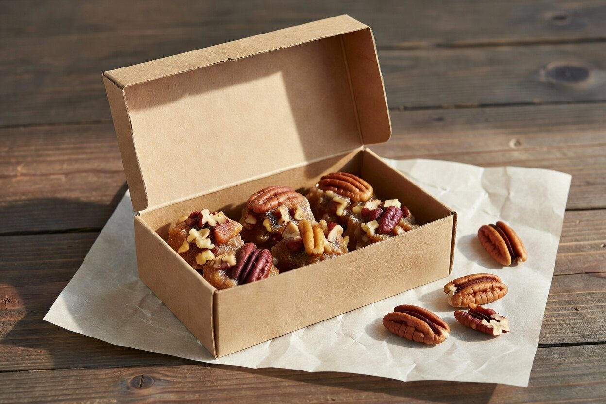 An open kraft gift box of pecan pralines on parchment