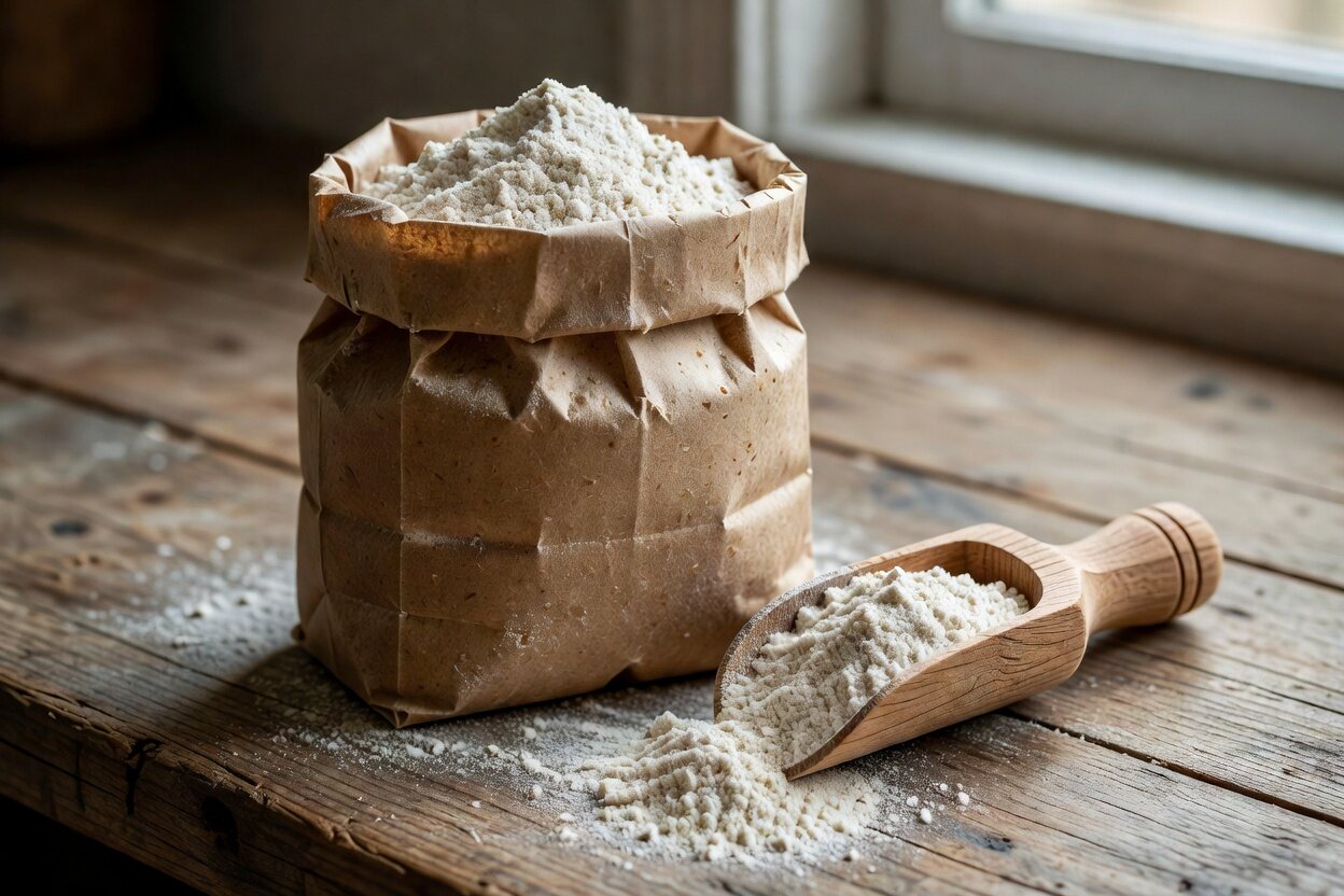 A paper sack of stone-milled wheat flour with a wooden scoop