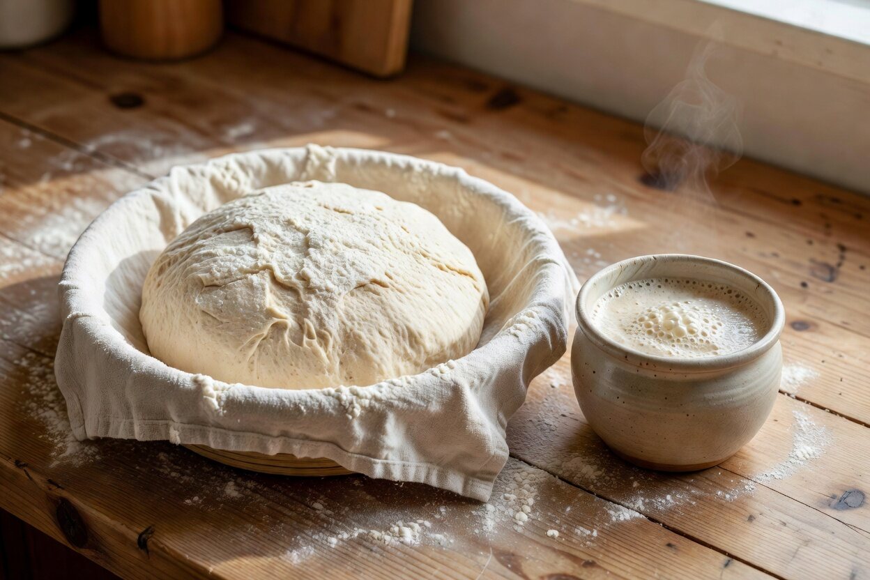 Sourdough dough resting in a floured proofing basket