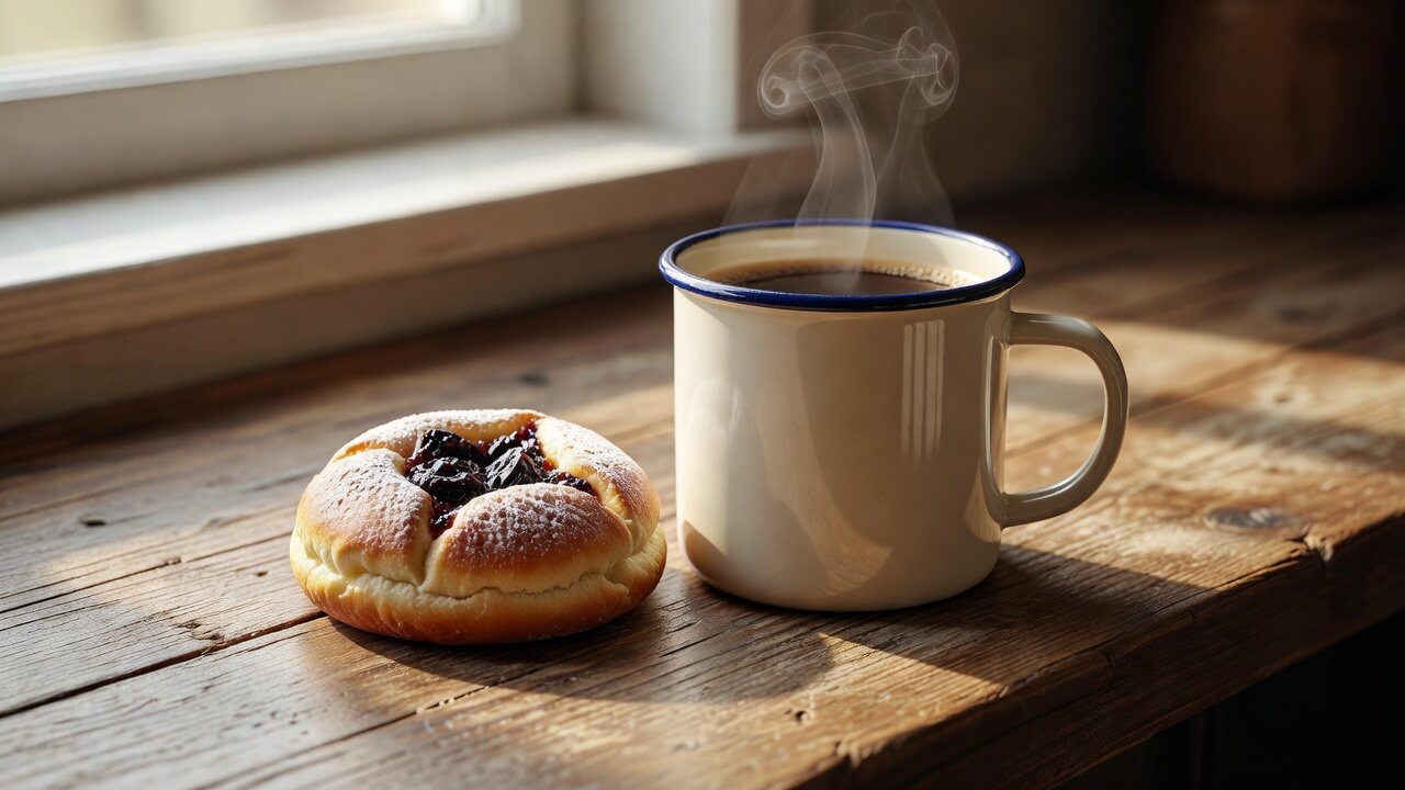 A cream enamel camp mug with a navy rim, next to a kolache