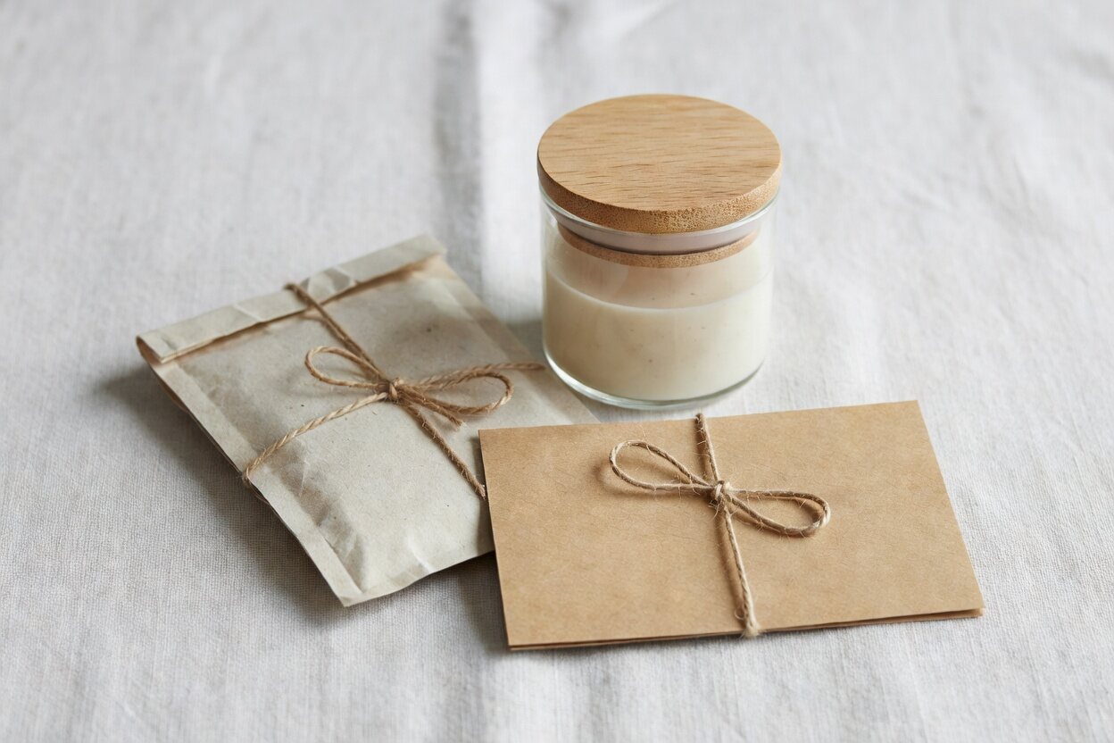 A sourdough starter kit: glass jar, dried starter packet and recipe card tied with twine