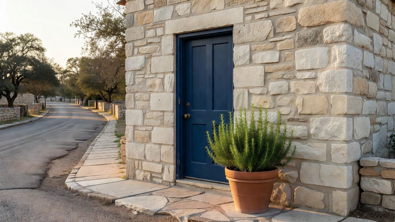The bakehouse’s navy front door and a pot of rosemary