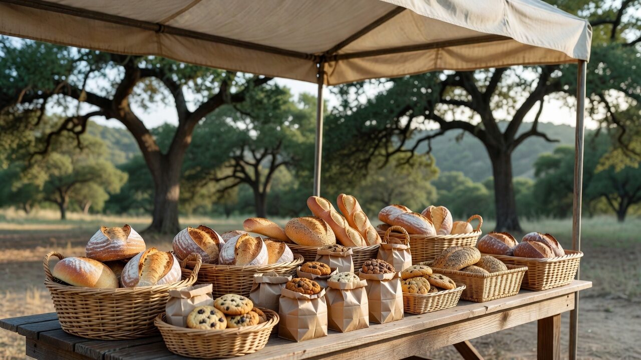 Our Saturday market table under the oaks