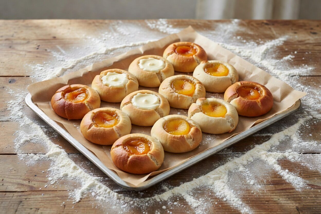 A tray of apricot, peach and cream cheese kolaches