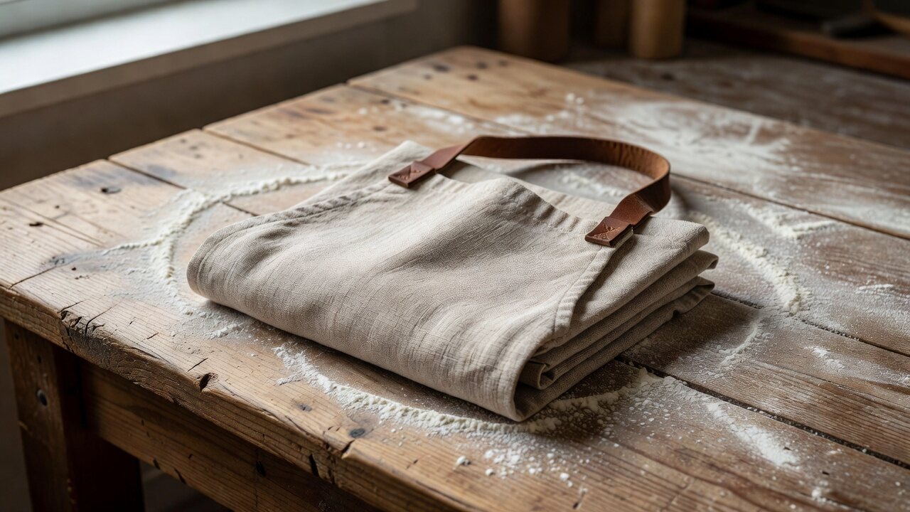 A folded oat linen apron with a leather neck strap on a floured workbench