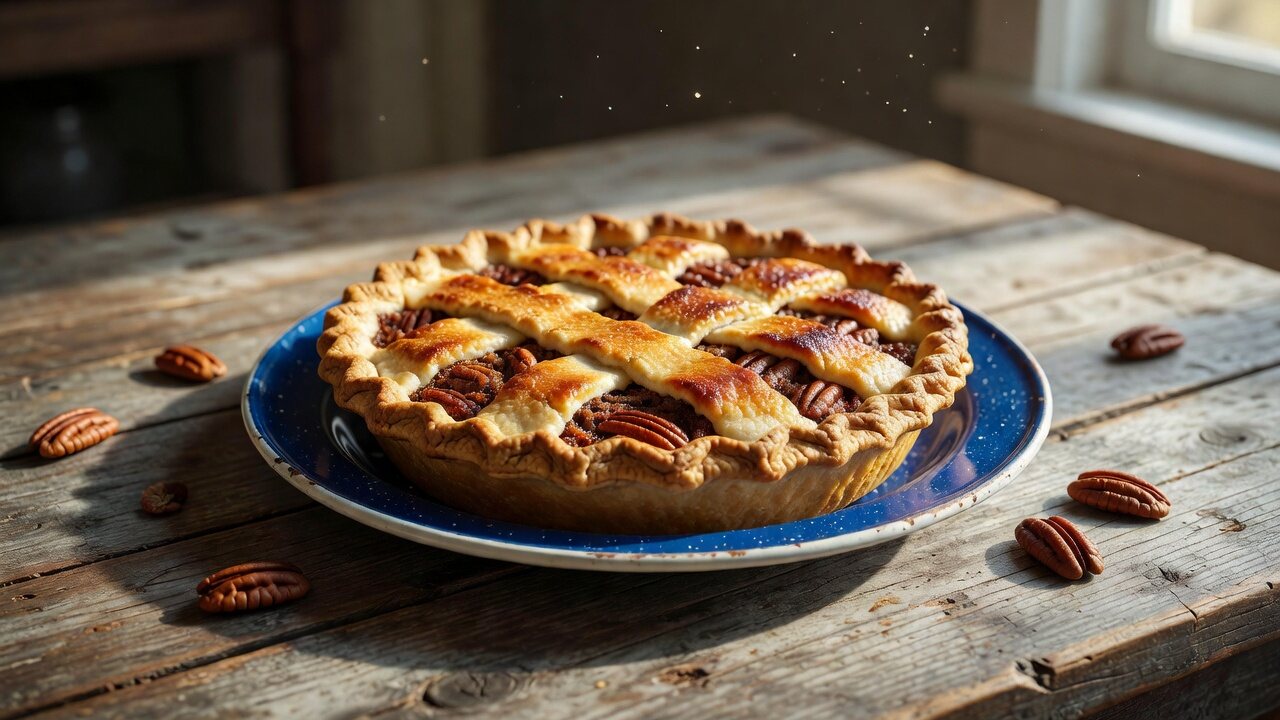 A pecan pie on a blue enamel plate