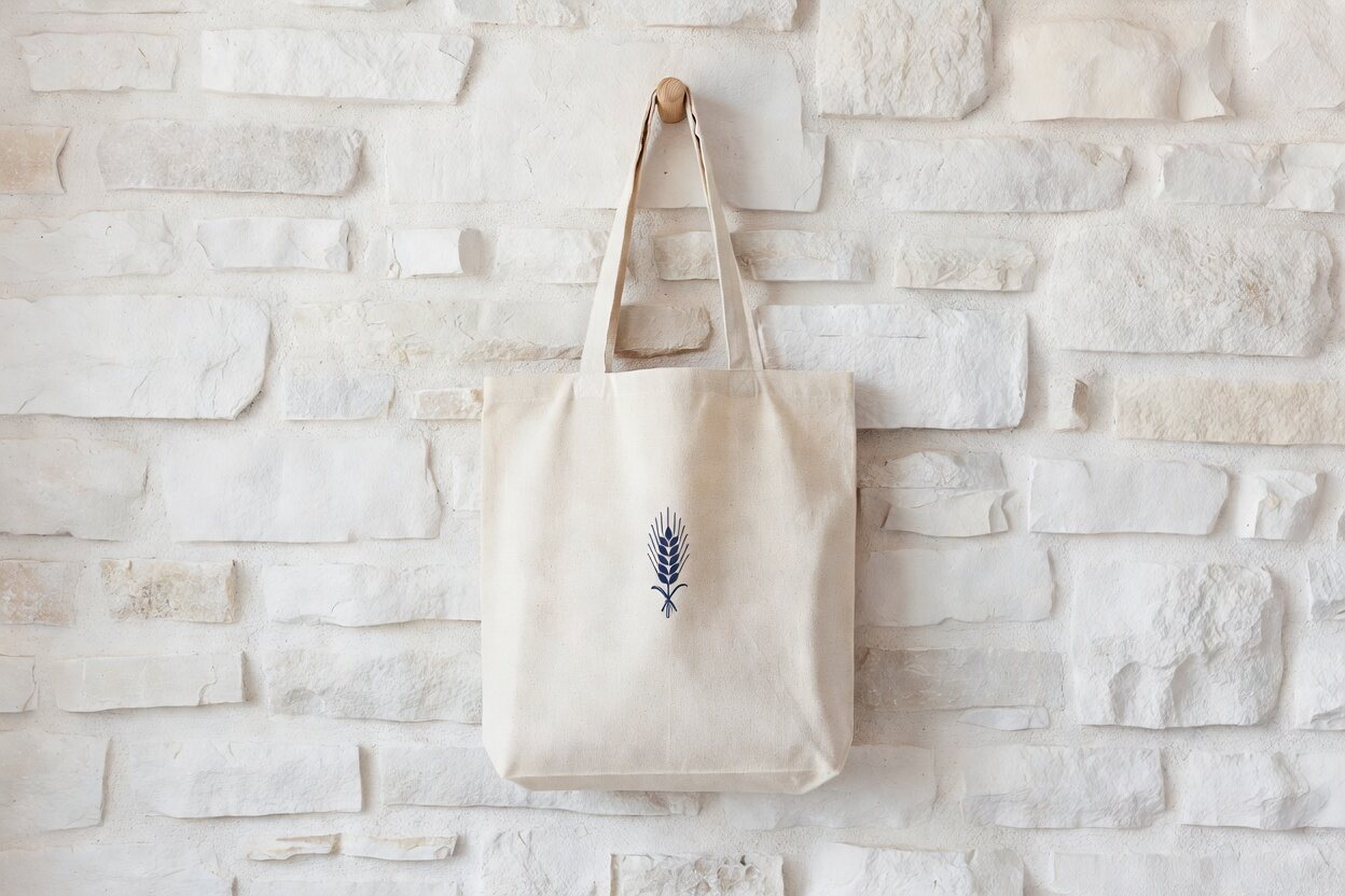 A natural canvas tote with a small navy wheat emblem, hanging on a limestone wall
