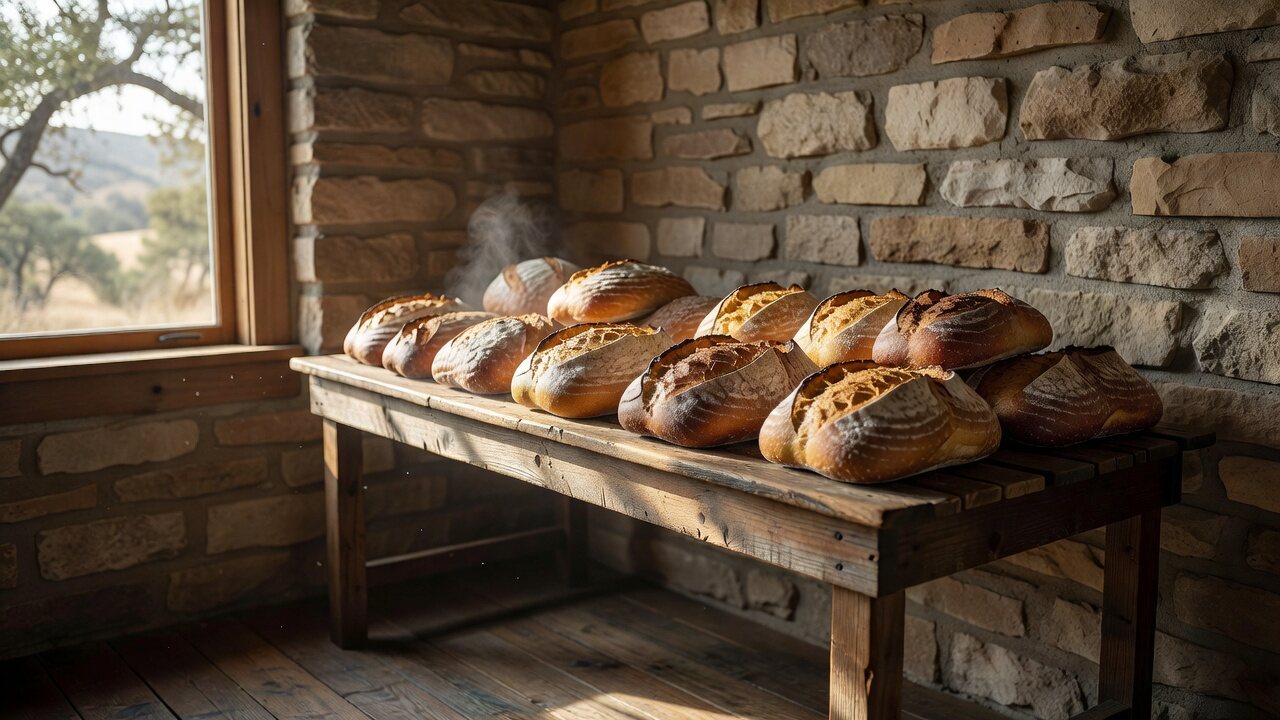 Sourdough loaves cooling on a wooden rack by the bakery window